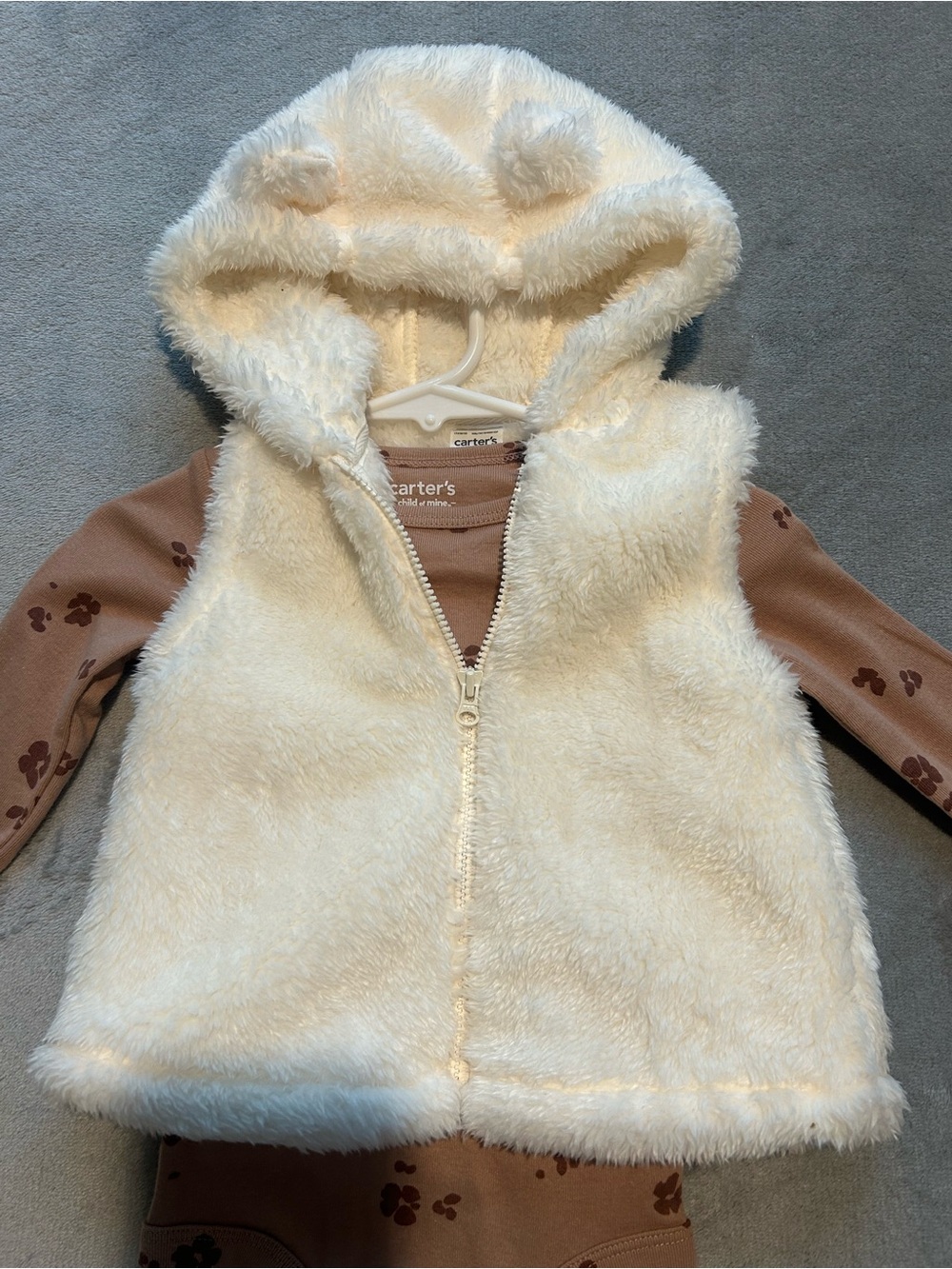 Carter's Cream Fuzzy Hooded Vest with Brown Paw-Print Onesie and Pants - Picture 2 of 4